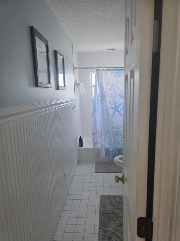 Hallway and bath with painted wainscoting and walls